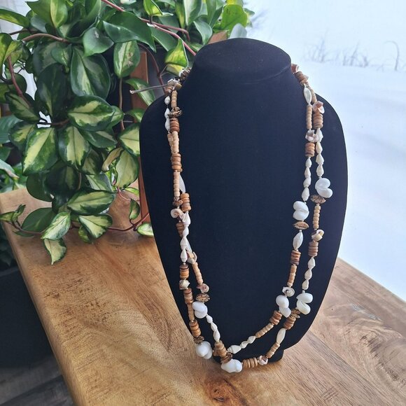 Multistrand Beaded Necklace Sea Shells Wood Beads Long 30 Inch Nautical Tropical - Picture 1 of 6